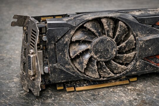 A dirty video card sitting on a table, useful for tech-related illustrations or concepts
