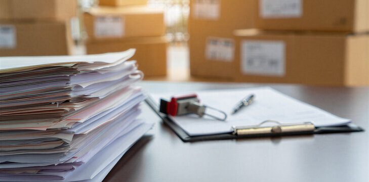 Office desk with stacks of documents and shipping boxes in background documents paperwork shipping logistics business workplace administrative clipboard delivery warehouse management