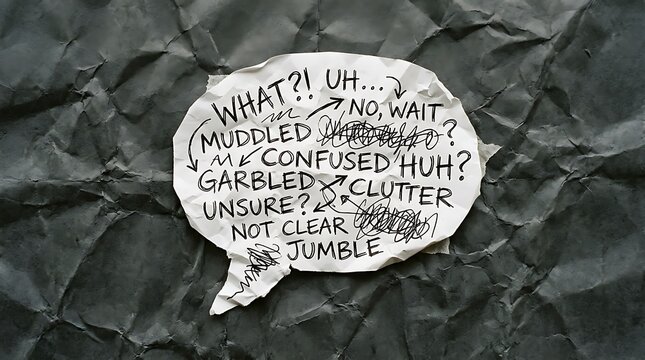 Crumpled paper speech bubble with handwritten text black and white texture