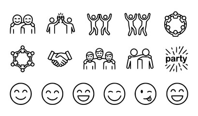 Fototapeta premium Minimal Happy Friends and Party People Line Icons for Community and Celebration Themes