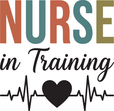 Nurse in Training typography vector, medical student gift design, heartbeat ekg pulse line with heart, retro vintage colors, nursing school graduation shirt graphic, healthcare worker motivation,