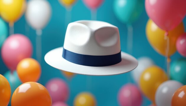 White fedora hat floats among bright colorful balloons. Festive occasion or celebration backdrop with blue background. Surprise party concept imagery, joyful event mood.
