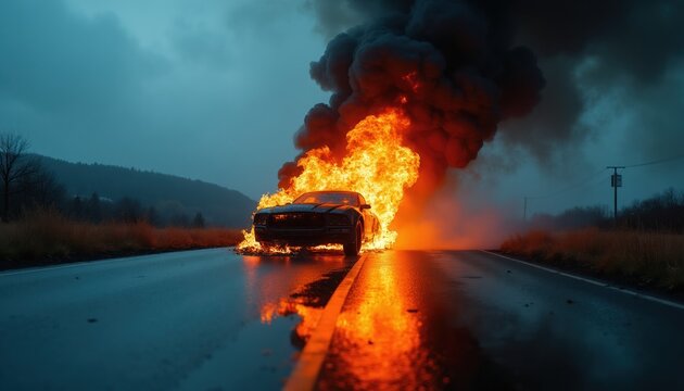 Car burns intensely on wet asphalt road at dusk. Thick black smoke billows into dark stormy sky. Flames engulf vehicle after accident. Danger, disaster scene on highway.