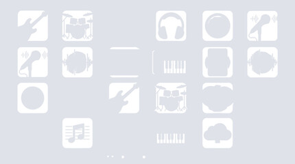Screen showing Apple GarageBand digital audio workstation icons including guitar, drums, microphone and piano symbols for music production © Tah