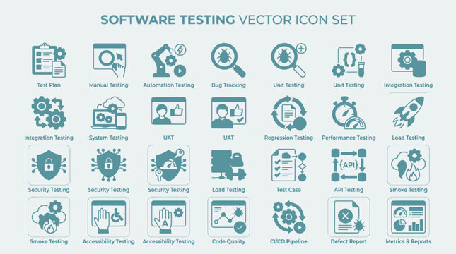 Software Testing Vector Icon Set with Quality Assurance and Bug Tracking Symbols