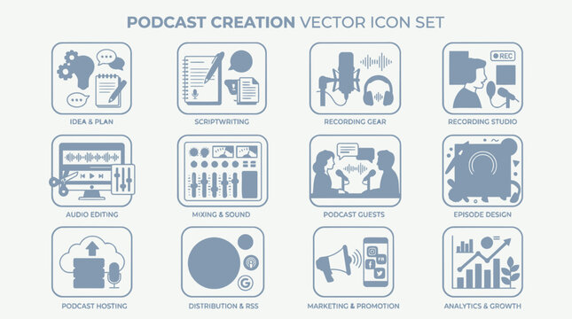 Podcast Creation and Production Process Vector Icon Set for Content Creators and Media Professional Workflows