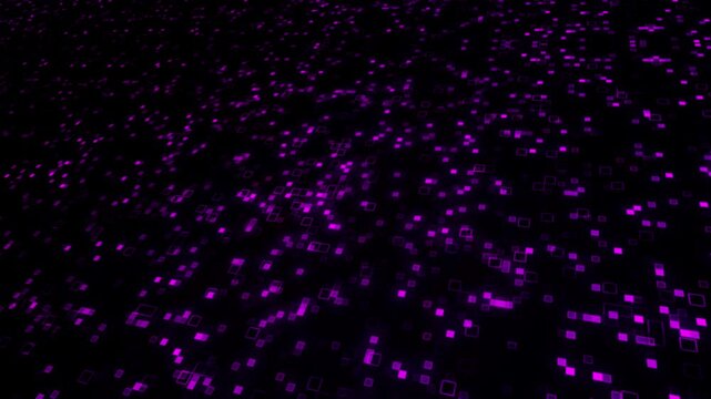 Digital motion background featuring animated purple geometric shapes on a black background. Hitech digital matrix background for concepts like artificial intelligence, cybersecurity, or data streaming