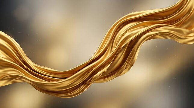 Luxurious gold silk fabric flowing in wave motion, elegant golden satin cloth background with bokeh, premium metallic textile for fashion branding