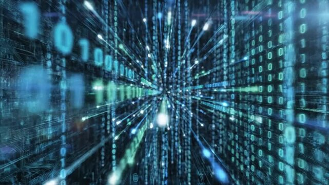 Digital data stream concept binary code flow through abstract network background