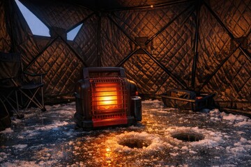 Obraz premium Cozy electric heater sitting on a snowy floor, great for winter scenes or indoor settings