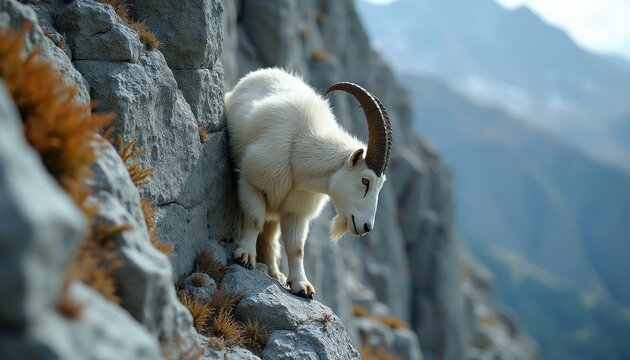 White mountain goat with large curved horns climbs steep rocky terrain. Animal navigates precarious rocky ledges in environment. Wild mammal lives in high altitude mountain landscape.
