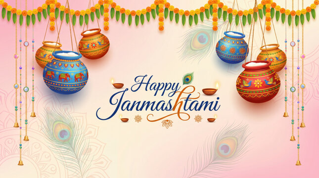 Colorful dahi handi decorations with festive garlands for Janmashtami celebration greeting banner