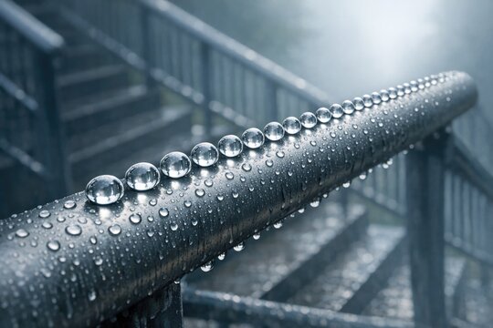 A close-up shot of a metal pipe with water droplets condensed on its surface