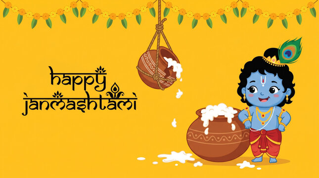Cheerful baby Krishna with overflowing butter pot for Janmashtami festival greeting banner design