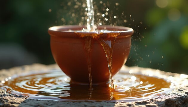 Brown clay pot overflows with amber liquid onto rough stone surface. Droplets splash creating ripples in natural outdoor light. Focus on the pouring and abundance concept.
