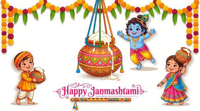 Playful baby Krishna with festive dahi handi and joyful children for Janmashtami celebration banner