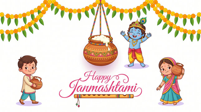 Cheerful baby Krishna with dahi handi and festive children for Janmashtami celebration greeting design