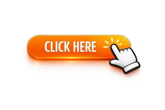 Orange click here button with cursor hand pointing at it