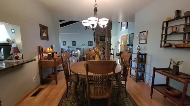 Sunny open dining area with kitchen view