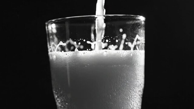 Black and white close-up shot of liquid pouring into a glass, creating foam and bubbles.