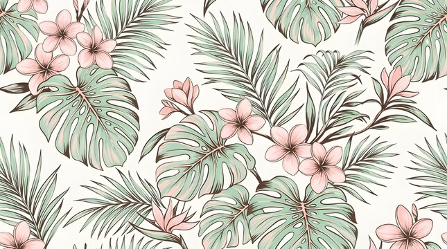 Tropical seamless pattern with monstera leaves and pink plumeria flowers. Vintage botanical wallpaper with palm fronds and hibiscus in pastel colors.