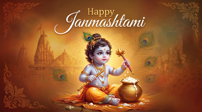 Playful baby Krishna with butter pot during Janmashtami celebration for festive greeting and branding