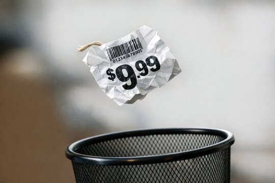 A trash can containing a discarded piece of paper