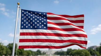 Obraz premium American flag waving on flagpole against blue sky, United States national symbol with stars and stripes, patriotic banner for Fourth of July holiday