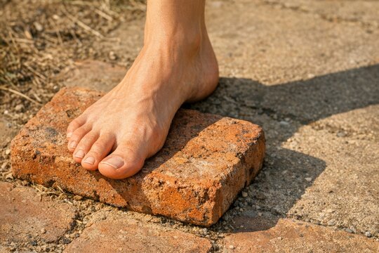 A close-up shot of a person's foot resting on a brick, possibly indicating a moment of pause or contemplation