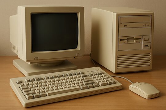 Vintage beige desktop computer setup.