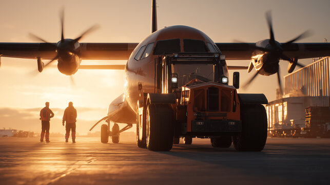 A pushback tug tows a regional turboprop into glowing sunset light as two ground crew stand in silhouette beside the aircraft on the apron