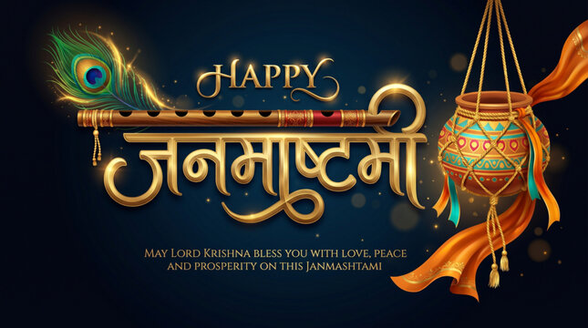 Traditional dahi handi with flute and peacock feather for Janmashtami celebration greeting design
