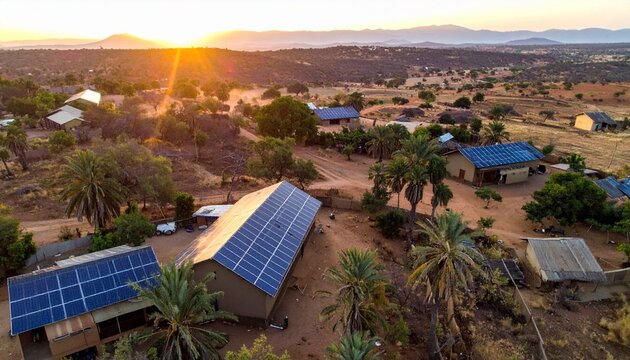 Aerial rural sunset view with buildings featuring rooftop solar panels, surrounded by palm trees, dirt paths, open land, highlighting renewable energy and sustainable community development.
