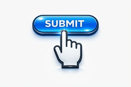 Hand pointing at blue submit button with glowing effect
