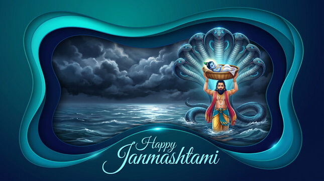 Divine Vasudeva carrying infant Krishna across sacred river for Janmashtami devotion and festival greeting