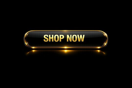 Modern 3d shop now button with golden glowing effect on dark background