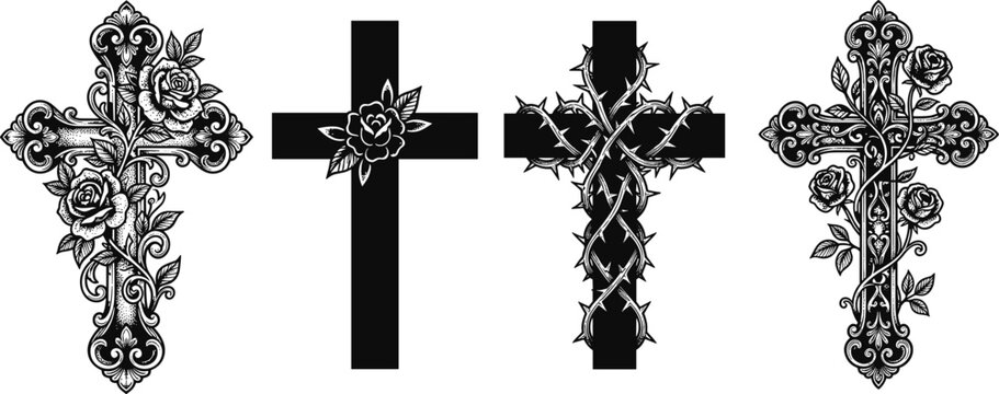 Vector illustration of ornate floral crosses with roses and vines representing religion, spirituality, and decorative art themes