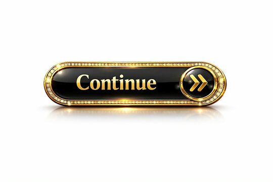 Modern continue button with glossy black and gold design