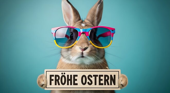 Rabbit wearing sunglasses with easter greeting sign studio shot