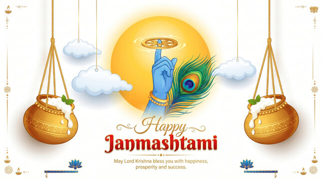 Sacred dahi handi and peacock feather with divine Krishna symbol for Janmashtami festive greeting