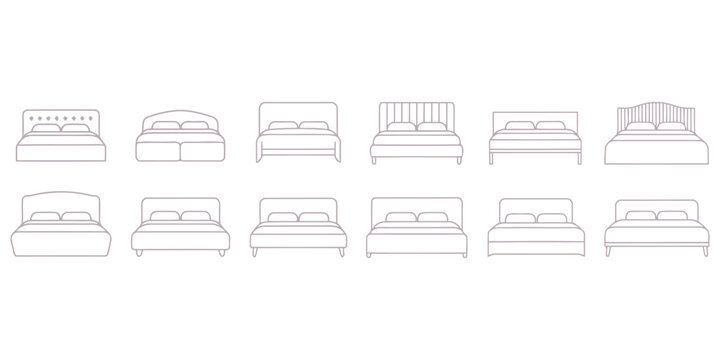 Selection of modern double bed icons in various styles for bedroom interior design.