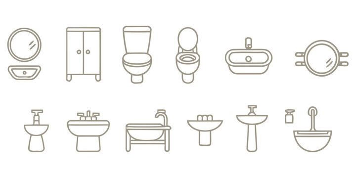 Set of bathroom plumbing fixtures and sink designs in line art style.