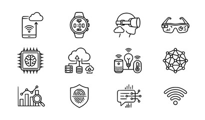 Fototapeta premium Minimal smart technology line art vector set with cloud devices and AI icons