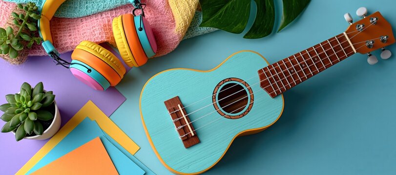 Ukulele, headphones, blank cards, and potted plant arranged on pastel cloth for spring practice