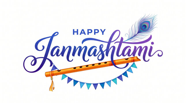 Elegant Janmashtami typography with flute and peacock feather for festive greeting and branding