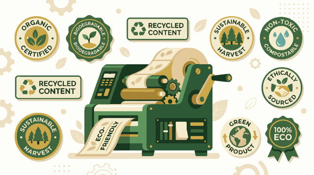 Eco friendly printing press machine with sustainable product labels and certification stamps.