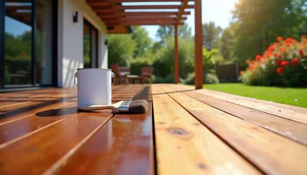 Man paints wooden deck with brush and stain can. Exterior home improvement project for summer renovation. Outdoor living space renewal for backyard fun.