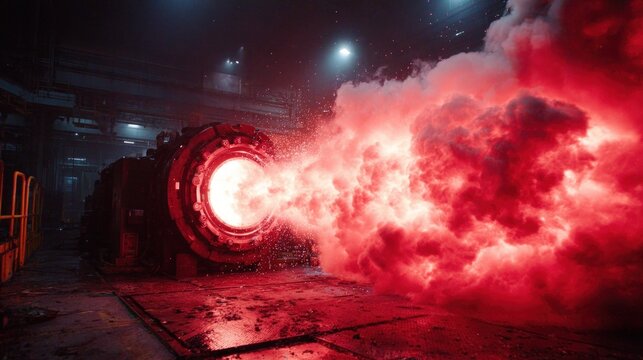 Aerospace engine during static fire test emitting vibrant clouds of pink smoke and bright orange flames.