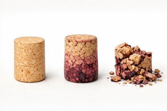 Three wine corks sit adjacent to one another on a surface