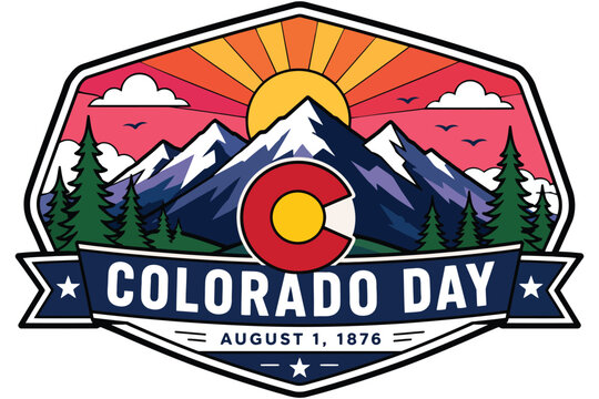 Colorado day celebration badge with mountain sunset
